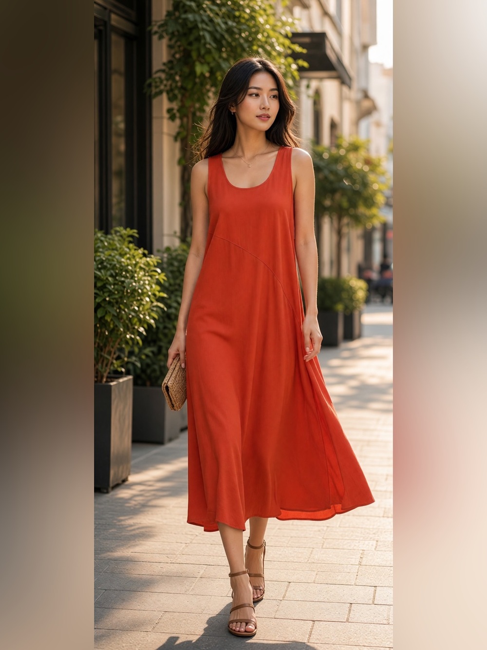 Calvin Klein Women Small Orange Burnt Rust Asymmetrical Seam Midi Shift Dress